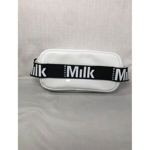 Milk Makeup White Patent Vinyl Cosmetic Bag Neon Orange Lining Logo Strap Pouch